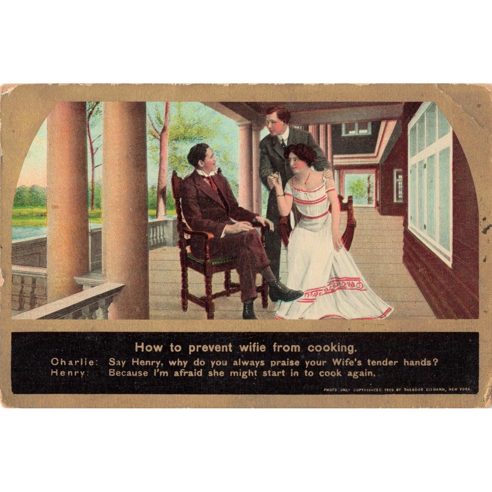 Antique 1909 Theodor Eismann Postcard How to Prevent Wifie From Cooking Humorous - Picture 1 of 2